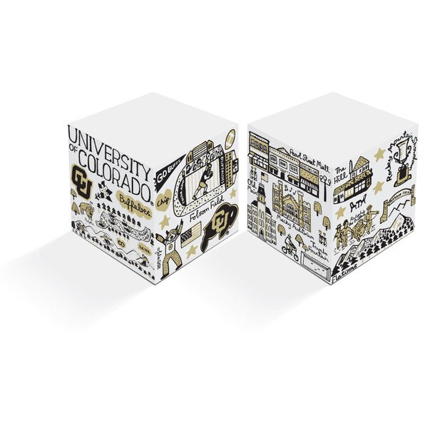 A white note pad pack with Julia Gash art designs of CU Boulder attractions in black and Vegas Gold.