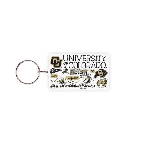 A white University of Colorado Keychain with black and vegas gold doodles of CU Boulder attractions.
