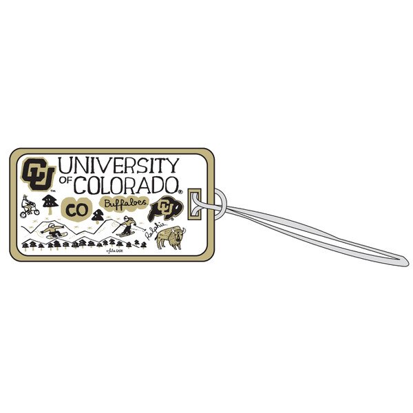 A white embroidered fabric Colorado Buffaloes logo luggage tag with black Julia Gash art doodles of C-U locales and vegas gold accents.