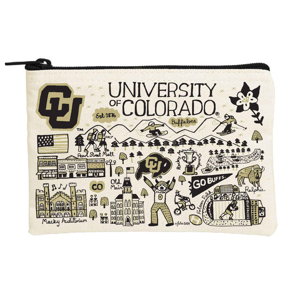 A University of Colorado canvas pencil case with black and vegas gold doodles of CU Boulder attractions.