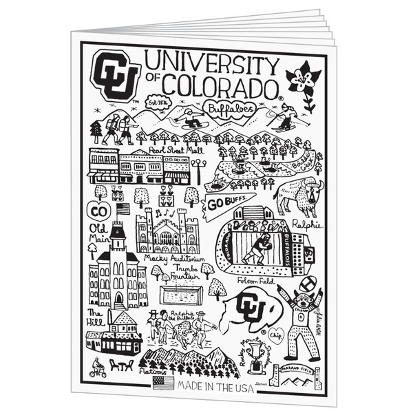 A white 8-page paper coloring book with Julia Gash art of CU Boulder attractions to color in.