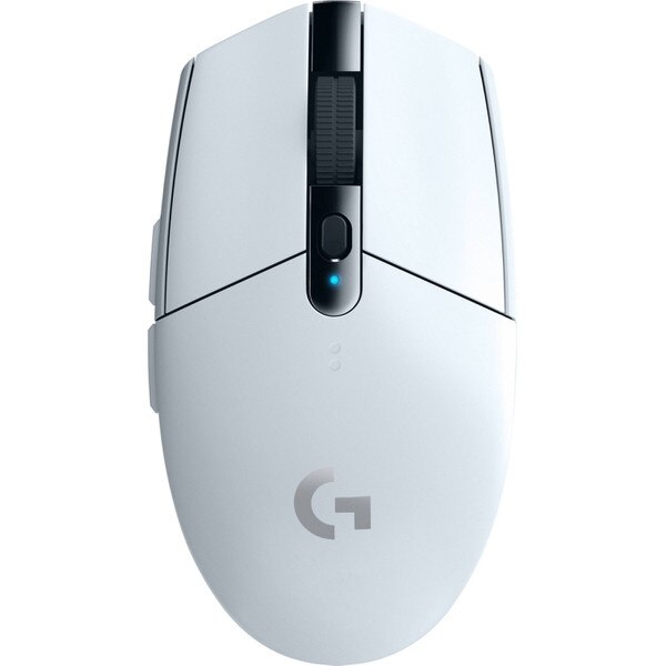A white gaming mouse with a silver Logitech logo at the bottom.