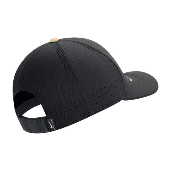 The back of a black moisture-wicking Nike youth Hat. There is a velcro adjustable strap.