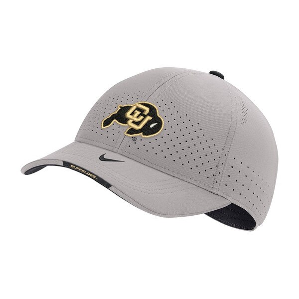 A gray moisture-wicking Nike youth Hat. There is a Nike swoosh on the bill and a CU Buffalo logo on the front.