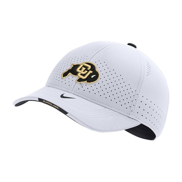 A White moisture-wicking Nike youth Hat. There is a Nike swoosh on the bill and a CU Buffalo logo on the front.