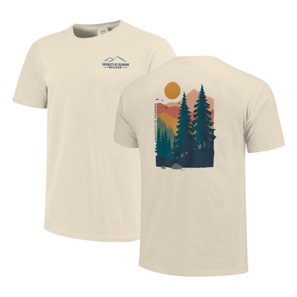 This is the front and back of the shirt. The front shows a simple mountain cutout with the university's name. The back has a vibrant mountain and pine trees scene made of greens, reds, and yellows.
