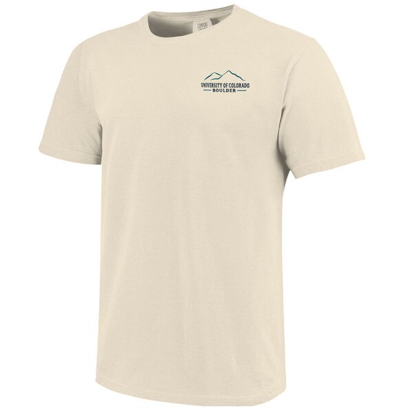 Sand color t-shirt with "University of Colorado Boulder" written with a simple design of the flatirons in a deep green.