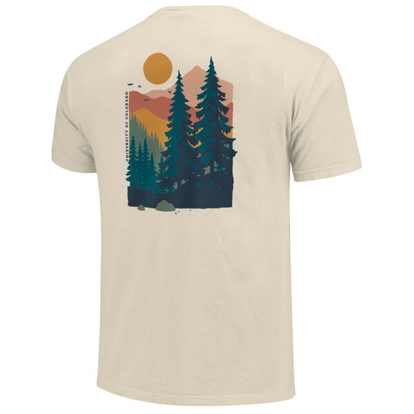 This is the back of the shirt. There is a Bright yellow sun, big green pine trees, and a very colorful mountain. The mountain is made of warmer shades and the trees are made of cool greens.