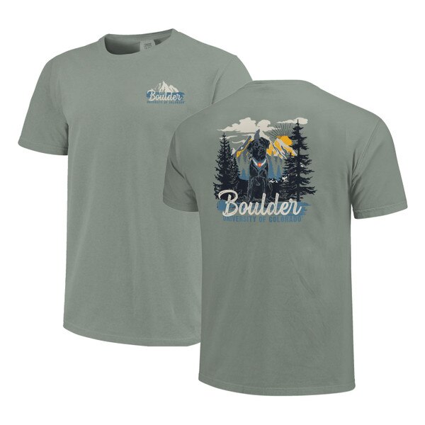 A gray unisex Image One short sleeve t-shirt with mountain cutout and "University of Colorado Boulder" on front and mountainous landscape, dog, and "University of Colorado Boulder" on back.