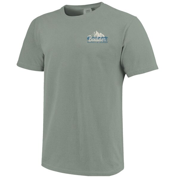 A gray unisex Image One short sleeve t-shirt with mountain cutout and "University of Colorado Boulder" on front.