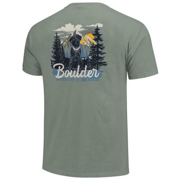 A gray unisex Image One short sleeve t-shirt with mountainous landscape, dog, and "University of Colorado Boulder" on back.