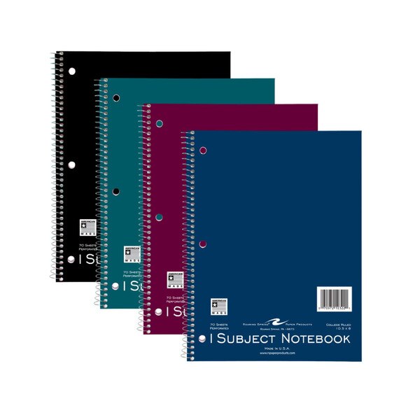 Roaring Spring one-subject notebooks in assorted colors, each with a spiral binding and 70 college-ruled perforated sheets