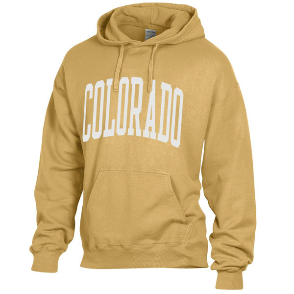 A Vegas Gold washed drawstring hoodie with a large kanga pocket, featuring white Colorado block lettering.