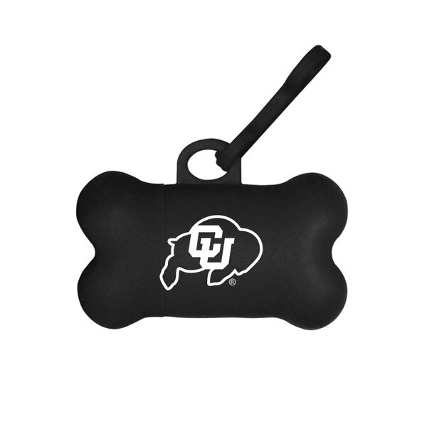 A black, bone shaped, dog bag dispenser with the CU Buffalo in white on the front. Also includes a bone-shaped clip.