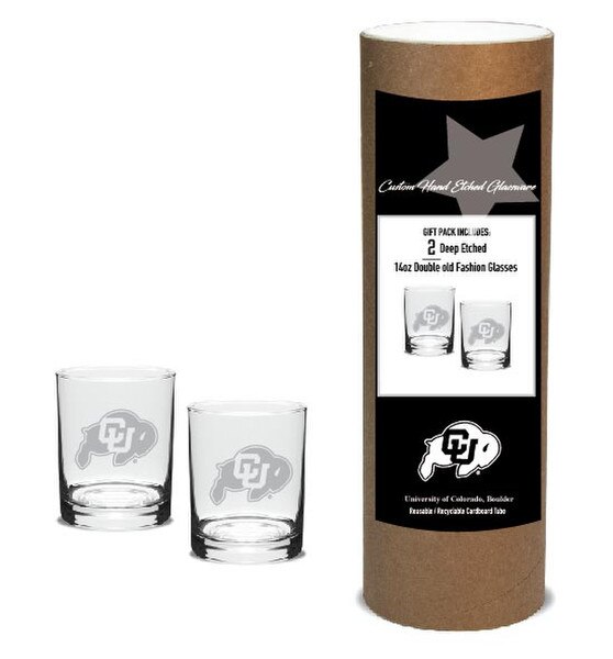 Two clear old-fashioned glasses with a deeply etched C-U Buffalo logo on them.