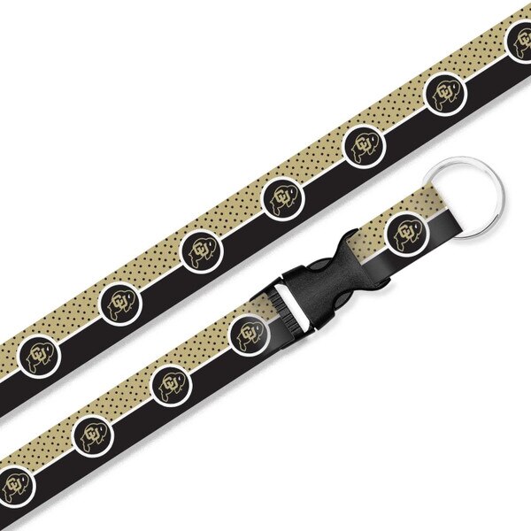 A black gold Jardine sublimated lanyard with dotted pattern and circled C.U buffalo logos design.