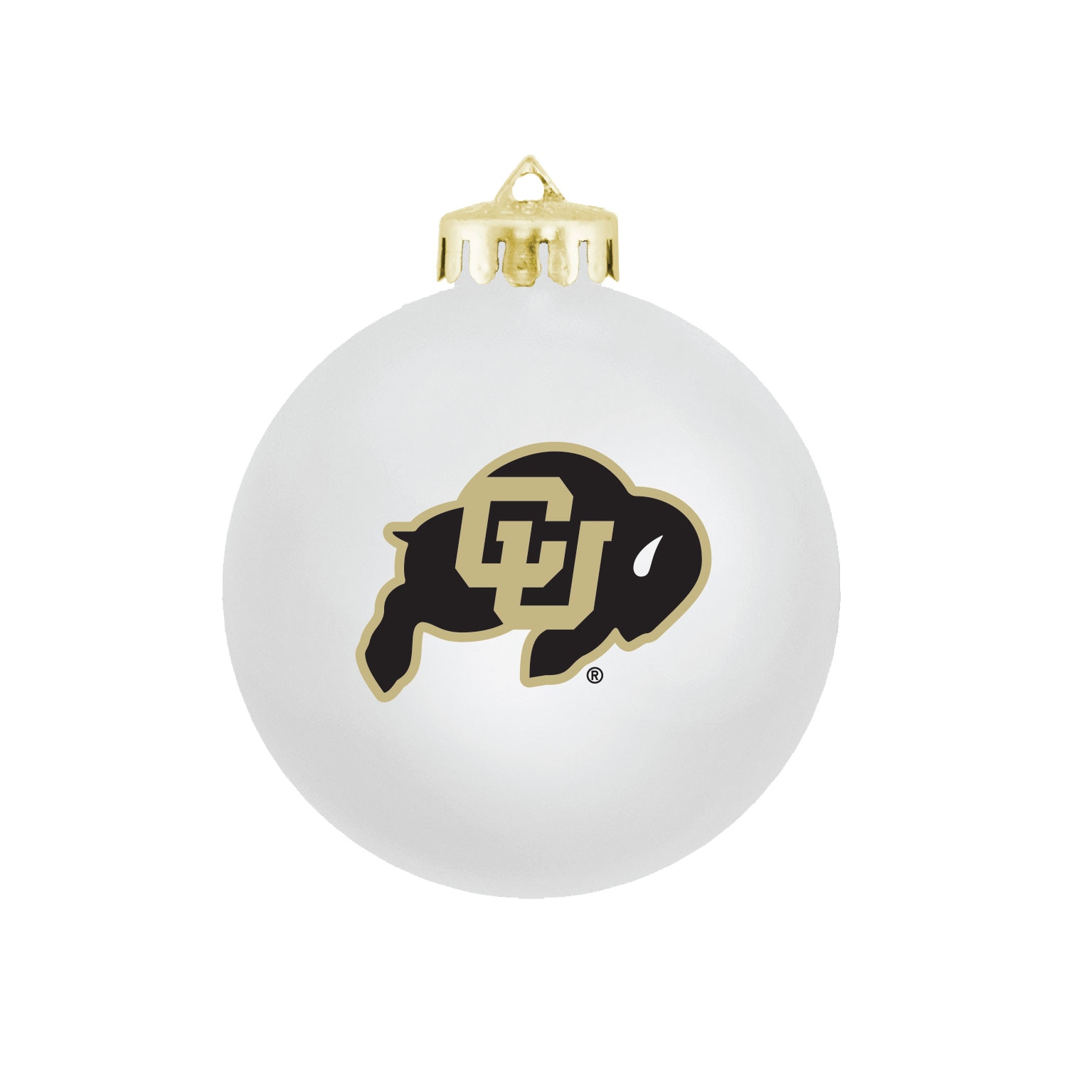 A white satin finish ornament with a C-U buffalo logo on it.