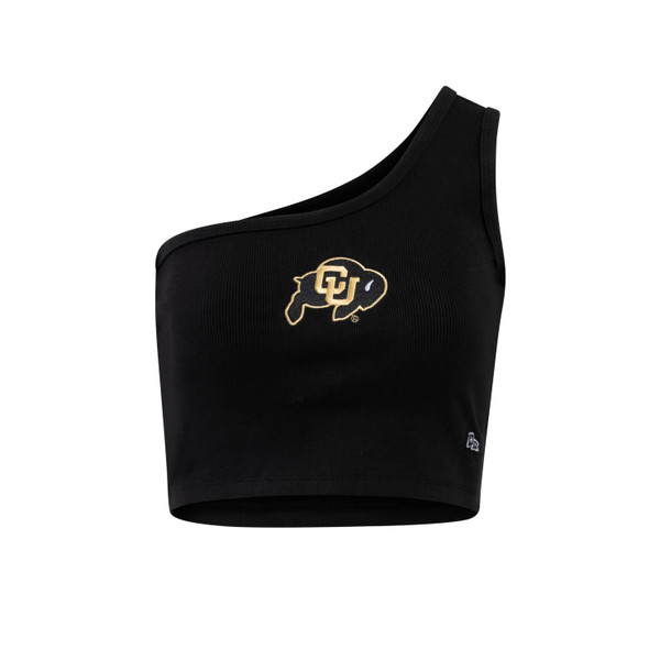 A black ribbed cropped one-shoulder tank, with an embroidered C-U Buffalo logo on the center front.
