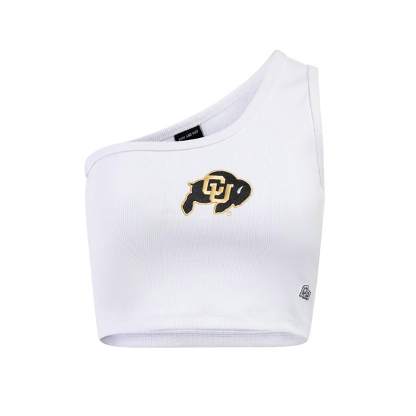 A white ribbed cropped one-shoulder tank, with an embroidered C-U Buffalo logo on the center front.