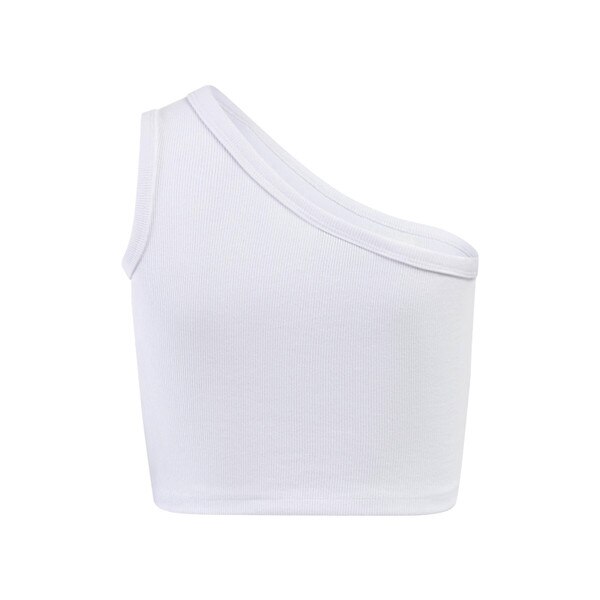 A white ribbed cropped one-shoulder tank.