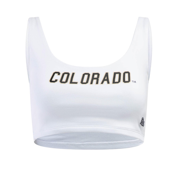 A white scooped neck cropped tank with Colorado in black lettering.