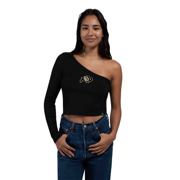 A black one shoulder long sleeve crop top with an embroidered C-U logo on the front.
