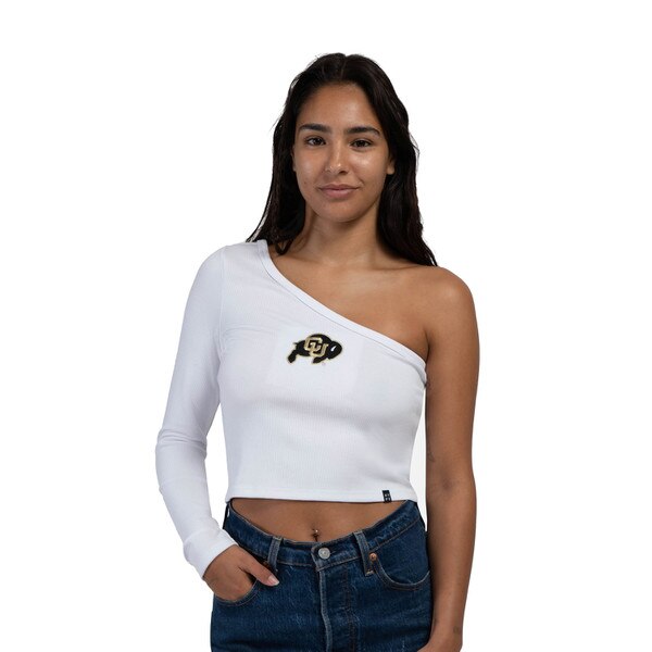 A white one shoulder long sleeve crop top with an embroidered C-U logo on the front.