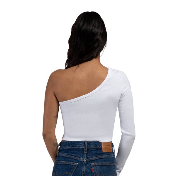 The back of the white one shoulder long sleeve crop top.