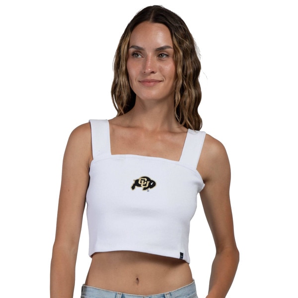 A slightly ribbed white crop top with an embroidered c-u buffalo patch on the center front.