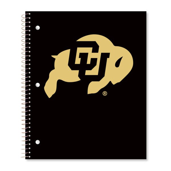 A black spiral notebook with a gold CU Buffalo logo on the front.