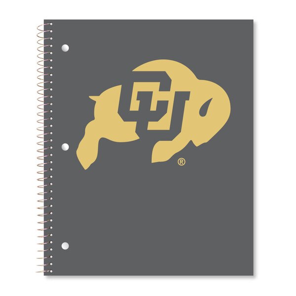 A gray spiral notebook with a gold CU Buffalo logo on the front.
