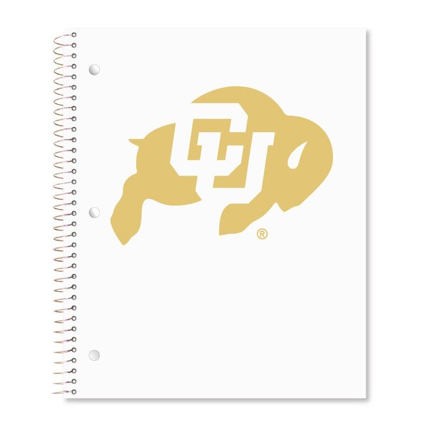A white spiral notebook with a gold CU Buffalo logo on the front.