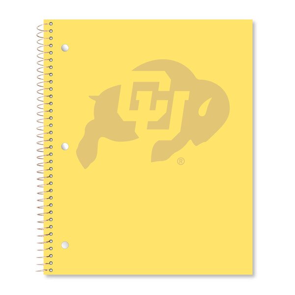 A yellow spiral notebook with a gold CU Buffalo logo on the front.