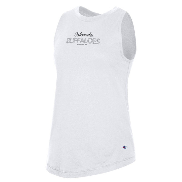 A basic white full-length muscle tank with Colorado Buffaloes written in black and established 1876 written beneath.