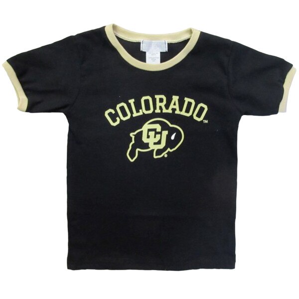 A toddler t-shirt with "Colorado" and the Buffalo logo in Vegas Gold on a Black background.