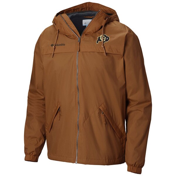 A brown columbia rain jacket with colorado buffalo logo and adjustable hood.