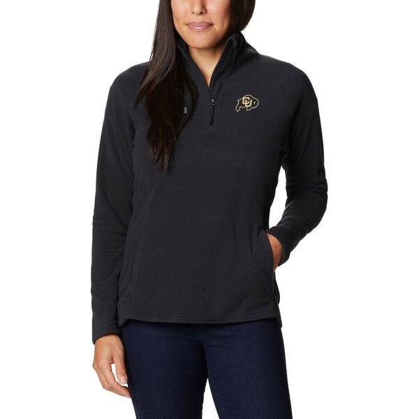 A black fleece collared quarter zip columbia jacket with a c-u buffalo logo on the left chest.