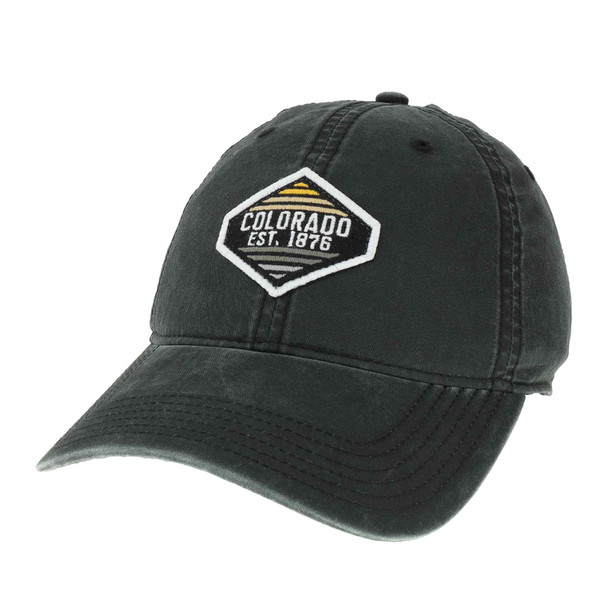 A washed black baseball hat with a diamond shaped embroidered patch featuring horizontal lines that gradient from orange to green and "Colorado EST. 1876" centered in white lettering.