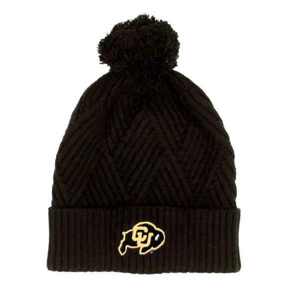 This is a black Cuff beanie with a Colorado Buffaloes logo on the front. The beanie has a textured pattern, and a pom-pom on top.
