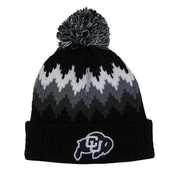 A black beanie with gray and white zig-zag patterning and a black, white and gray pom, featuring an embroidered C-U Buffalo logo on the front.