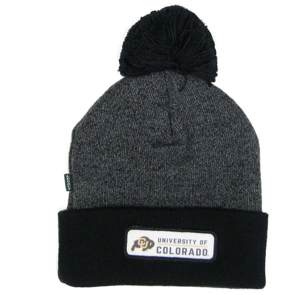 A heather gray beanie with a black pom-pom and a cuffed brim, featuring an embroidered patch with a C-U Buffalo logo next to "University of Colorado" lettering.