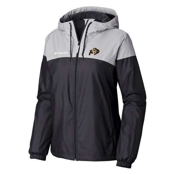 A black fleece-lined windbreaker columbia jacket with a gray upper, and a c-u buffalo logo on the left chest.