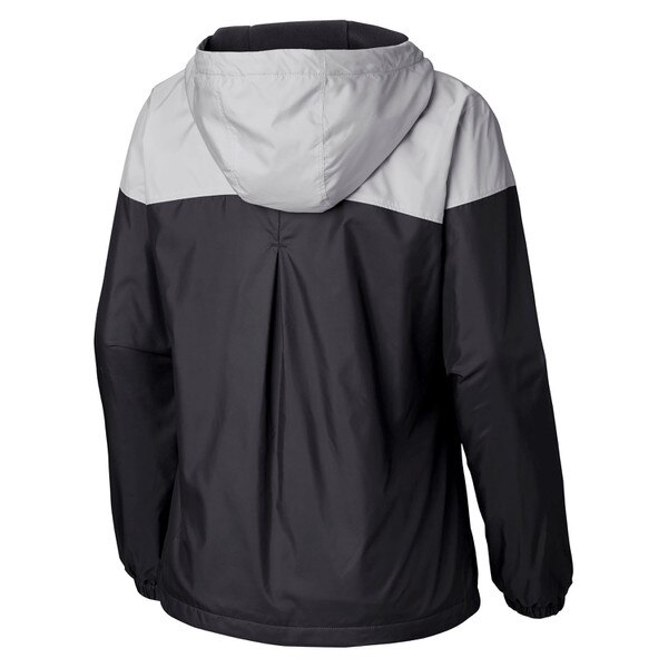 The back of the black fleece-lined windbreaker columbia jacket with a gray upper, and an adjustable hood.