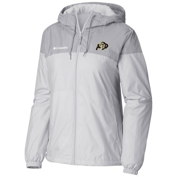 A white fleece-lined windbreaker columbia jacket with a c-u buffalo logo on the left chest.