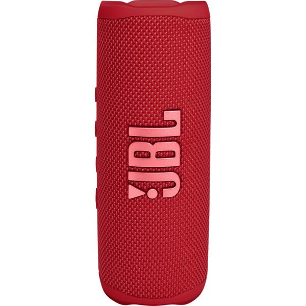 A red portable speaker with the JBL logo.