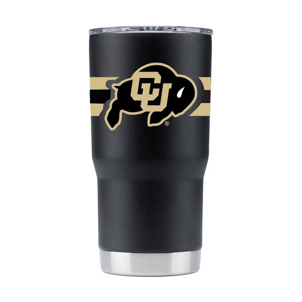 A black tumbler with a gold stripe and a CU buffalo logo on the front, and a removable clear lid.