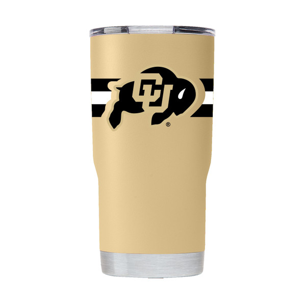 A gold travel tumbler with the Colorado Buffaloes logo on the front and black and white strip surrounding the logo and exterior.