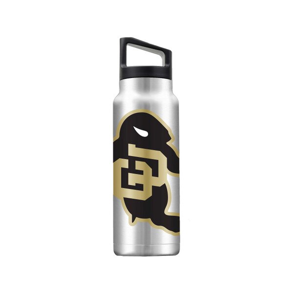 A white 40 ounce stainless steel Gametime Sidekicks water bottle with CU Buffalo logo and a removable straw lid.