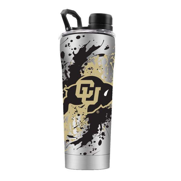 Stainless steel waterbottle with vegas gold and black paint splatter on side with CU Buffalo logo, with screw-off cap and small handle.