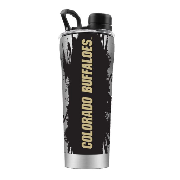 Back of stainless steel waterbottle with "Colorado Buffaloes" written in vegas gold in a black paint splatter on side with CU Buffalo logo, with screw-off cap and small handle.